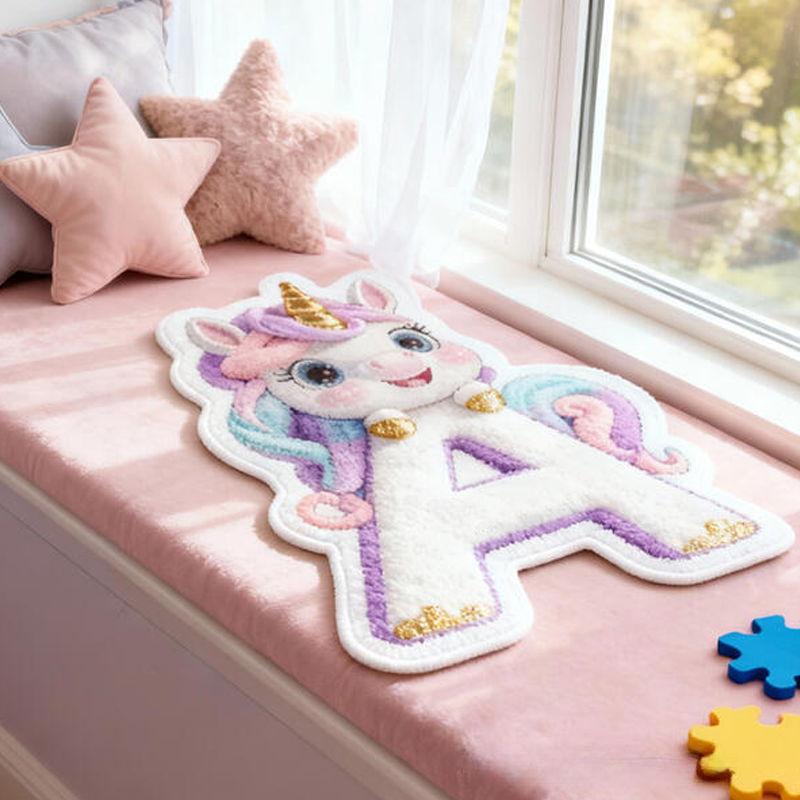 Personalized Dream Horse Letter Name Custom Soft Decorative Gift Rainbow Pastel Style Cute Magical Dream Lovely Princess Cozy Bedroom Playroom Fun Fantasy Carpet Rug for Kids