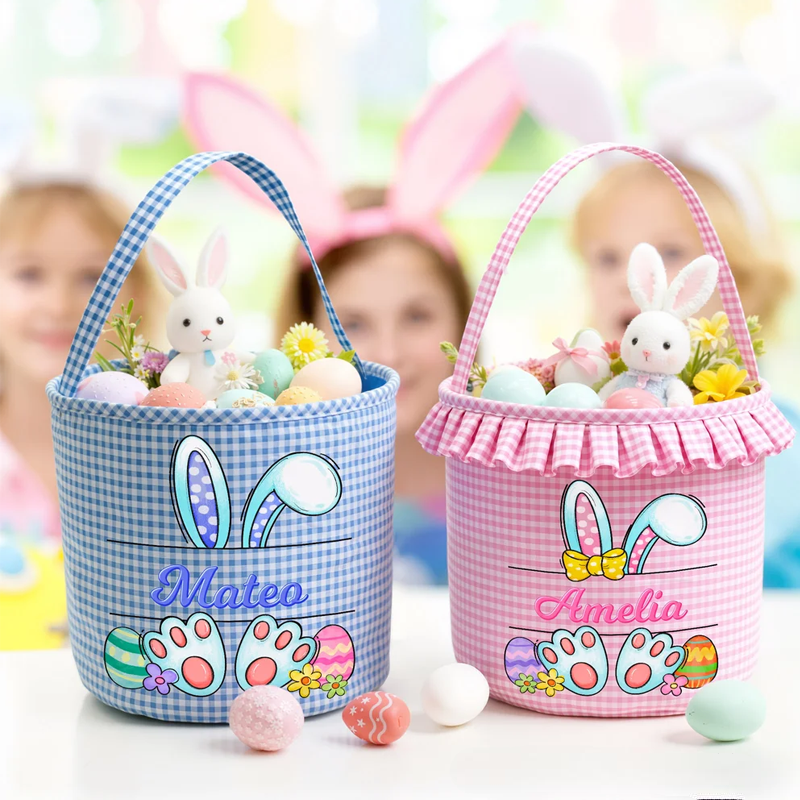 Personalized Multi-Color Cute Rabbit Large Capacity Plaid Easter Basket with Name Easter Egg Hunting Party Favor Gift for Boys Girls