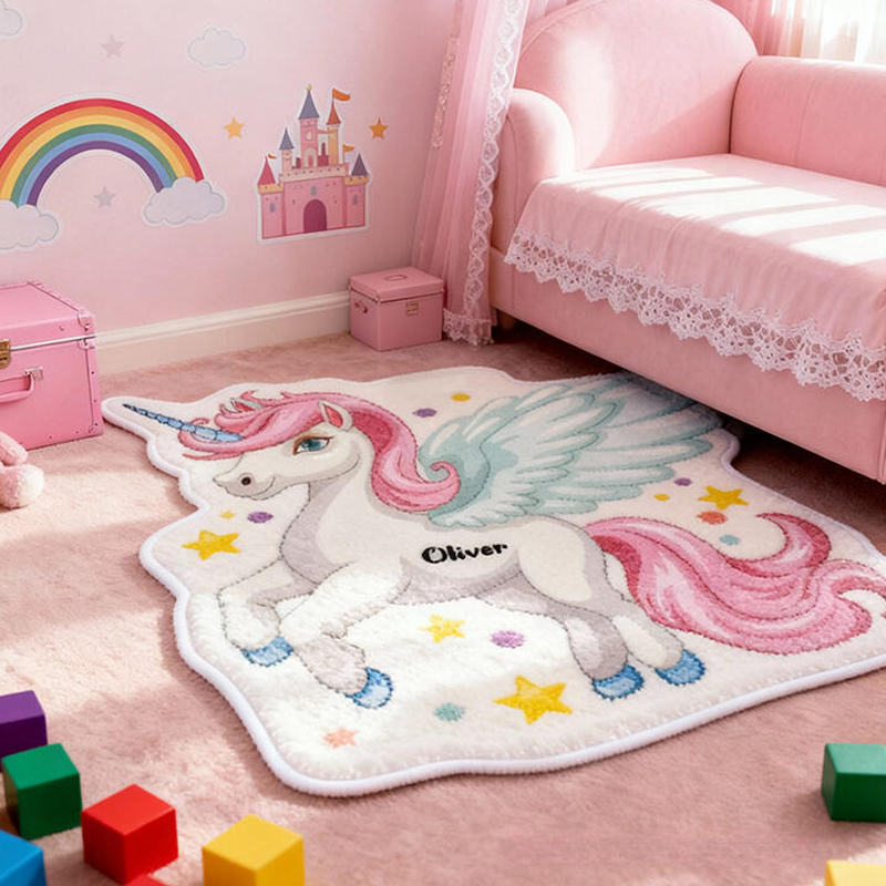 Personalized Dream Horse Pegasus Name Custom Soft Decorative Gift Magical Rainbow Style Cute Fantasy Dream Lovely Princess Cozy Bedroom Playroom Starry Carpet Rug for Kids