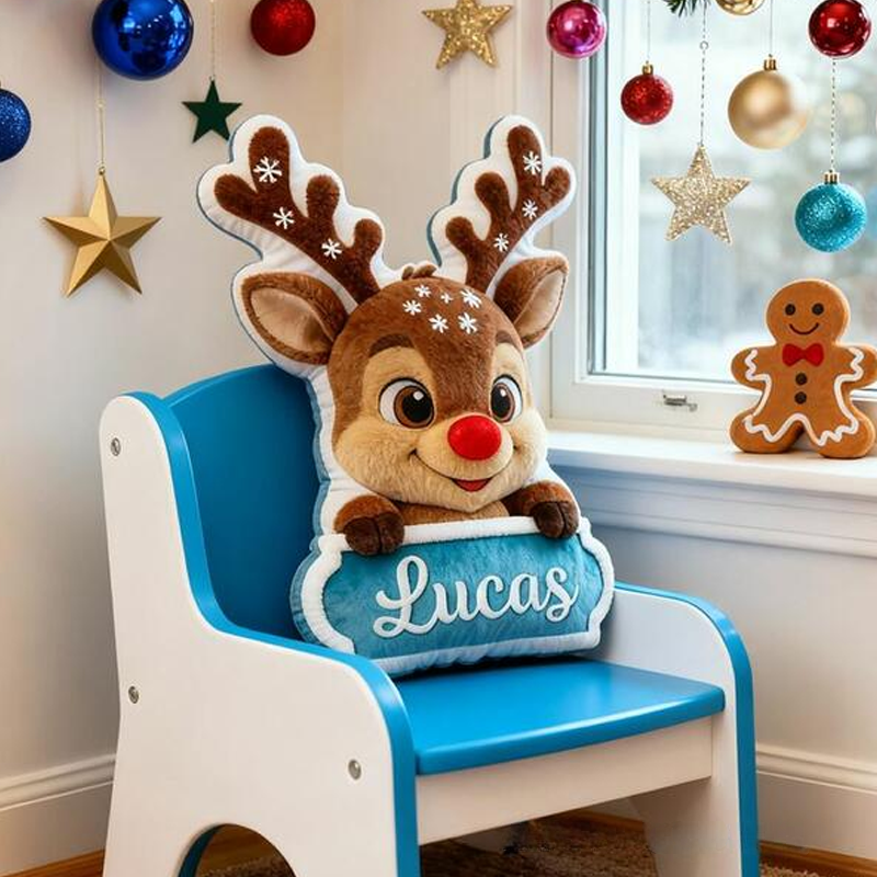 Personalized Reindeer Name Custom Soft Decorative Gift Red Nose Holiday Style Cute Winter Cozy Festive Joyful Lovely Christmas Room Fun Snowy Graphic 3D Print Pillow