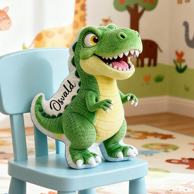 Personalized Green Dinosaur Name Custom Soft Decorative Gift Fun Adventure Style Cute T Rex Cozy Bedroom Playroom Lovely Boy Toy Friendly Animal Graphic 3D Print Pillow