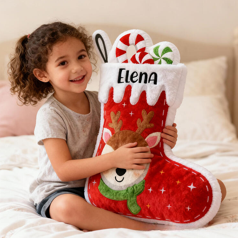 Personalized Christmas Stocking Name Custom Soft Decorative Gift Red Holiday Style Cute Reindeer Candy Cozy Winter Festive Room Lovely Joyful Graphic 3D Print Pillow