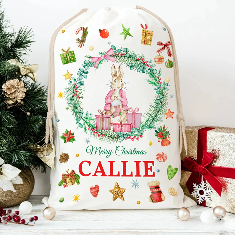 Personalized Cute Peter Rabbit Wreath Drawstring Christmas Gift Bag with Name Christmas Eve Party Gift for Kids Family Friends