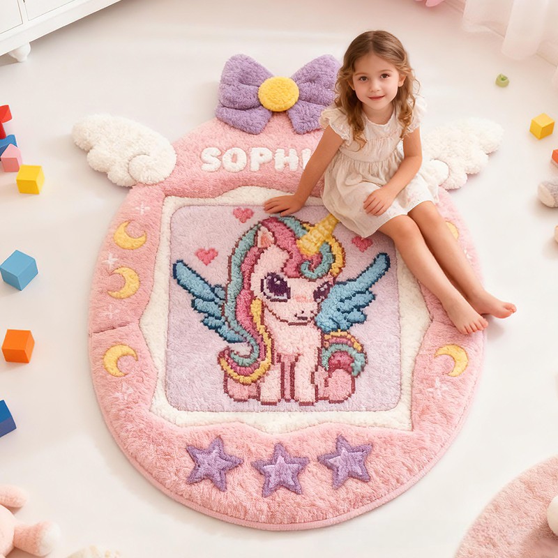 Personalized Dream Horse Wings Name Custom Soft Decorative Gift Pink Purple Style Magical Dream Cute Flying Pony Lovely Princess Room Cozy Sweet Floor Mat Carpet Rug for Kids