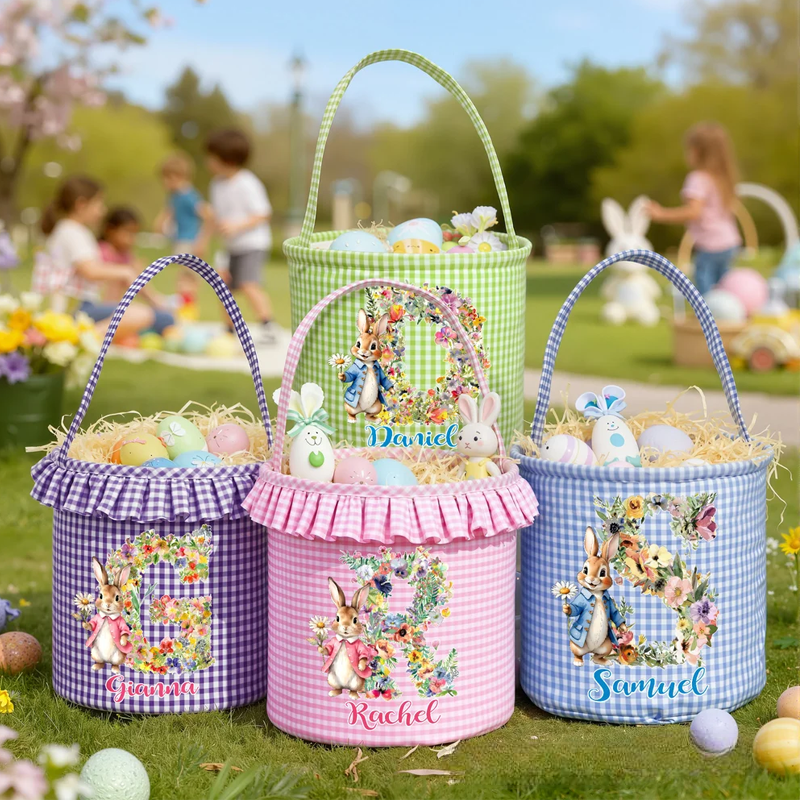 Personalized Cute Flower Rabbit Easter Basket with Name and Initial Easter Eggs Hunting Party Favor Gift for Boys Girls