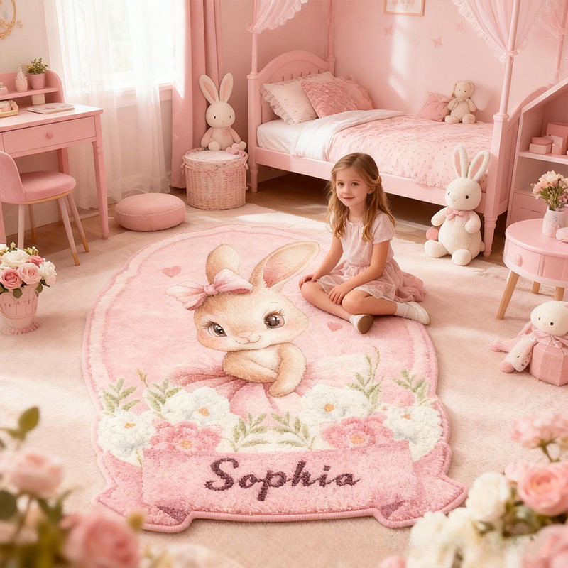 Personalized Bunny Name Custom Soft Decorative Gift Pink Floral Style Cute Animal Lovely Princess Room Cozy Sweet Garden Dream Floor Mat Carpet Rug for Kids