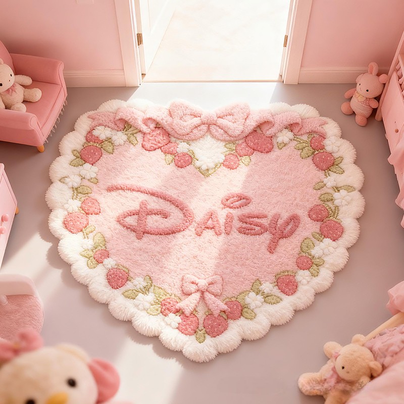 Personalized Heart Name Custom Soft Decorative Gift Pink Strawberry Style Cute Cozy Bedroom Lovely Bow Sweet Princess Room Comfort Floor Mat Carpet Rug for Kids