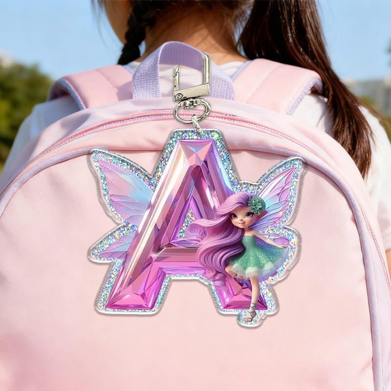 Personalized Fairy Initial Custom Name Soft Decorative Gift Magical Sparkle Style Pink Purple Dream Cute Fantasy Wings Lovely Girl Charm Enchanted Accessory Glitter Keychain