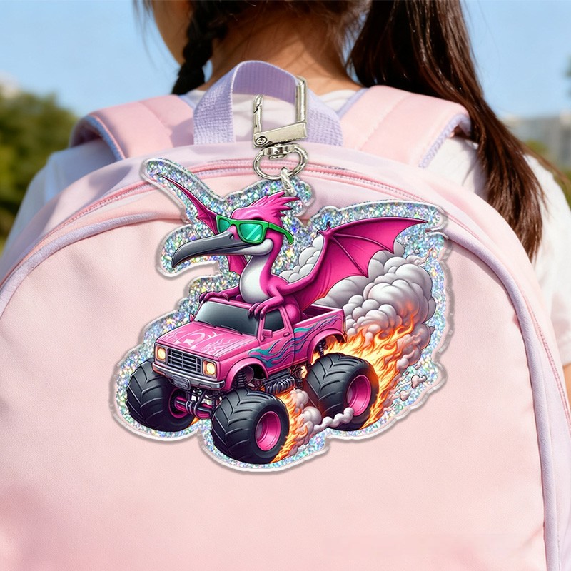 Personalized Dragon Truck Custom Name Soft Decorative Gift Fantasy Adventure Style Pink Fire Flame Power Cool Monster Car Fun Boy Toy Charm Unique Accessory Glitter Keychain