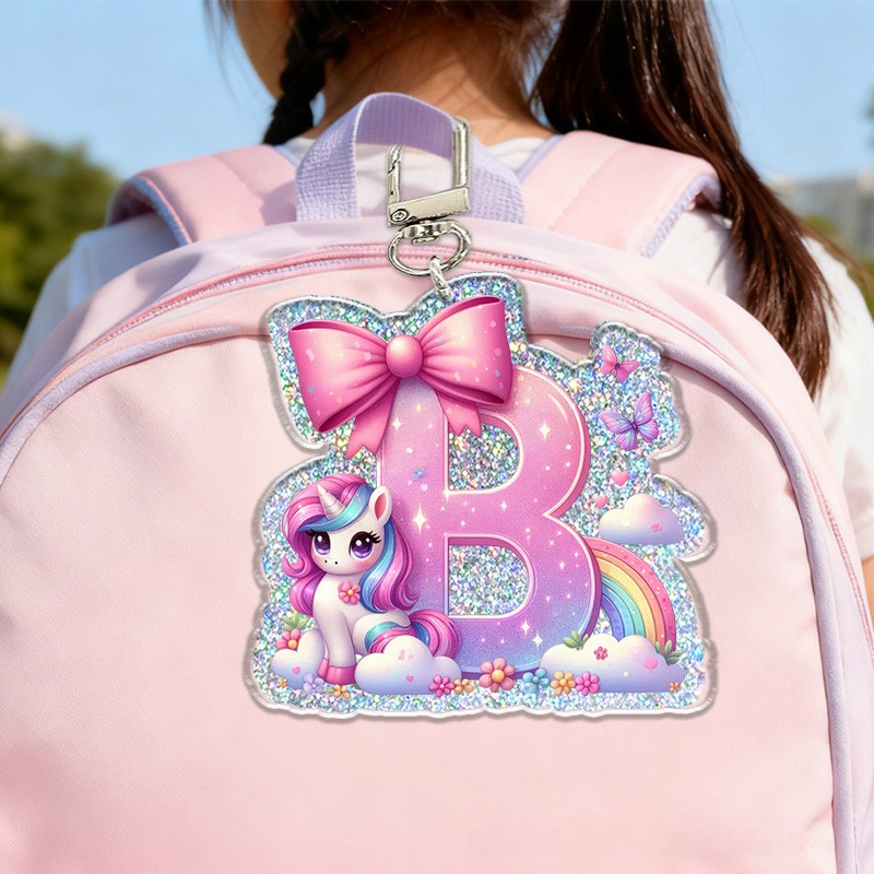 Personalized Dream Horse Bow Initial Custom Name Soft Decorative Gift Pink Rainbow Style Sparkle Dream Cute Magical Cloud Fantasy Lovely Girl Charm Accessory Glitter Keychain