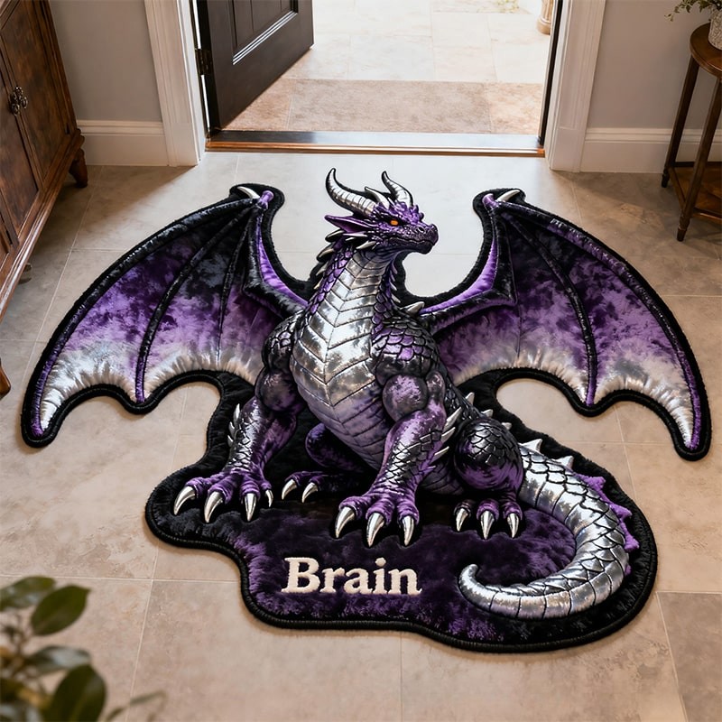 Personalized Dragon Custom Name Soft Decorative Gift Fantasy Fire Style Cozy Bedroom Winged Creature Brave Hero Adventure Fun Playtime Magical Room Carpet Rug for Kids