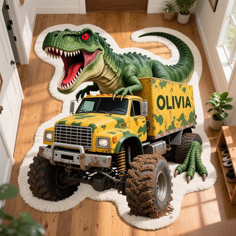 Personalized Dinosaur Jeep Custom Name Soft Decorative Gift Adventure Style Cozy Bedroom Green T Rex Red Car Cool Fun Playtime Explorer Boy Room Creative Carpet Rug for Kids