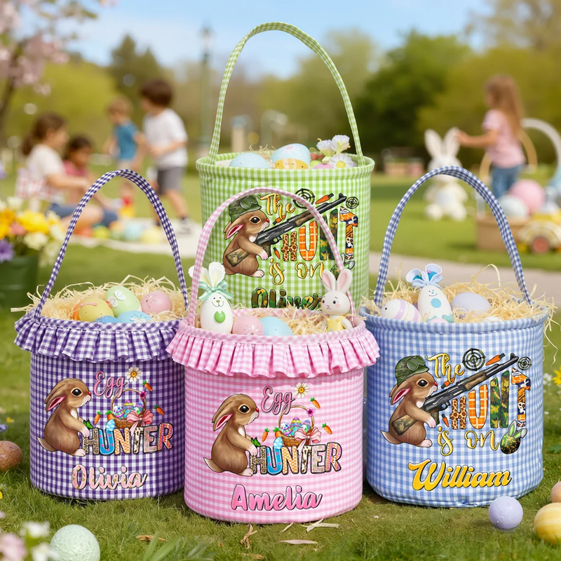Personalized Cute Bunny Camouflage Flower Plaid Easter Basket with Name Easter Egg Hunt Easter Gift for Boys Girls