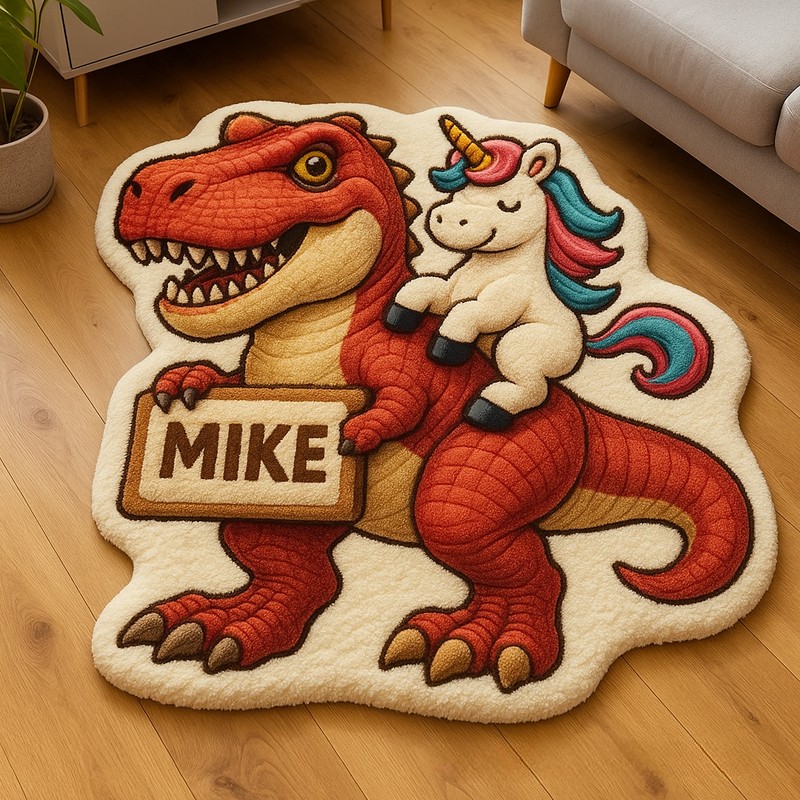Personalized Dinosaur Custom Name Soft Decorative Gift Cute Style Cozy Bedroom Blue Green Cartoon T Rex Fun Playtime Adventure Boy Room Creative Carpet Rug for Kids