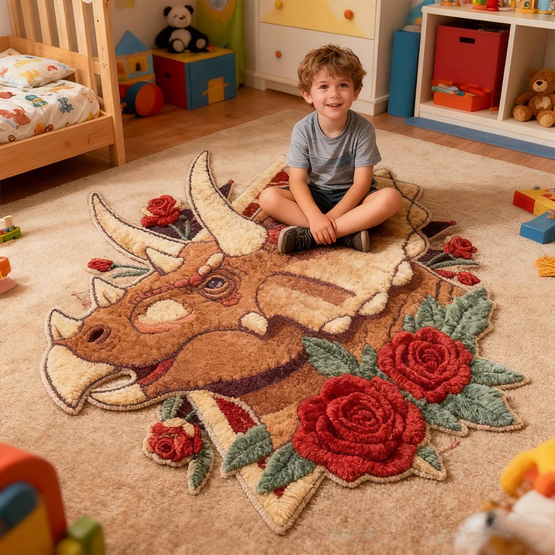 Personalized Triceratops Custom Name Soft Decorative Gift Adventure Style Cozy Bedroom Brown Red Rose Wild Prehistoric Animal Fun Explorer Boy Room Carpet Rug for Kids