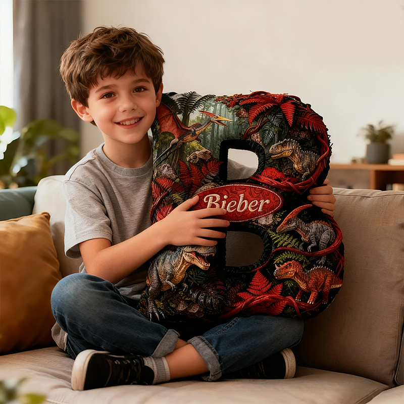 Personalized Dinosaur Jungle Letter Custom Name Soft Decorative Gift Adventure Forest Style Cozy Bedroom Green Red T Rex Velociraptor Fun Explorer Boy Room Graphic 3D Print Pillow