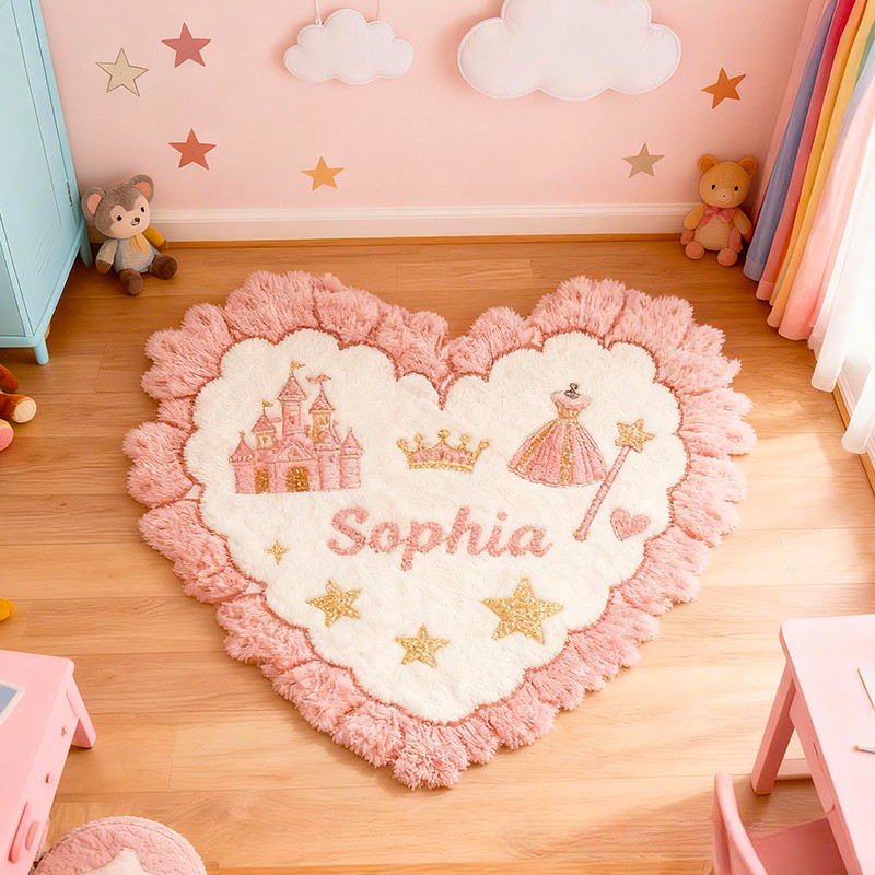 Personalized Princess Heart Custom Name Soft Decorative Gift Magical Castle Style Cozy Nursery Pink Crown Star Dress Lovely Fairy Tale Room Graphic Carpet Rug for Kids