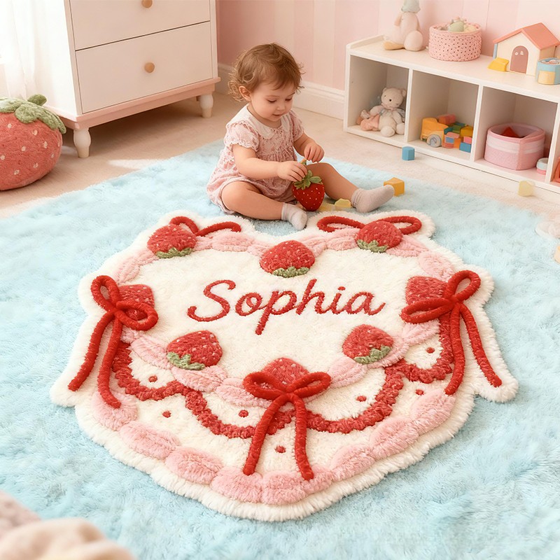 Personalized Strawberry Cake Custom Name Soft Decorative Gift Sweet Dessert Style Cozy Nursery Pink Red Ribbon Lovely Cute Baby Room Playtime Graphic Carpet Rug for Kids