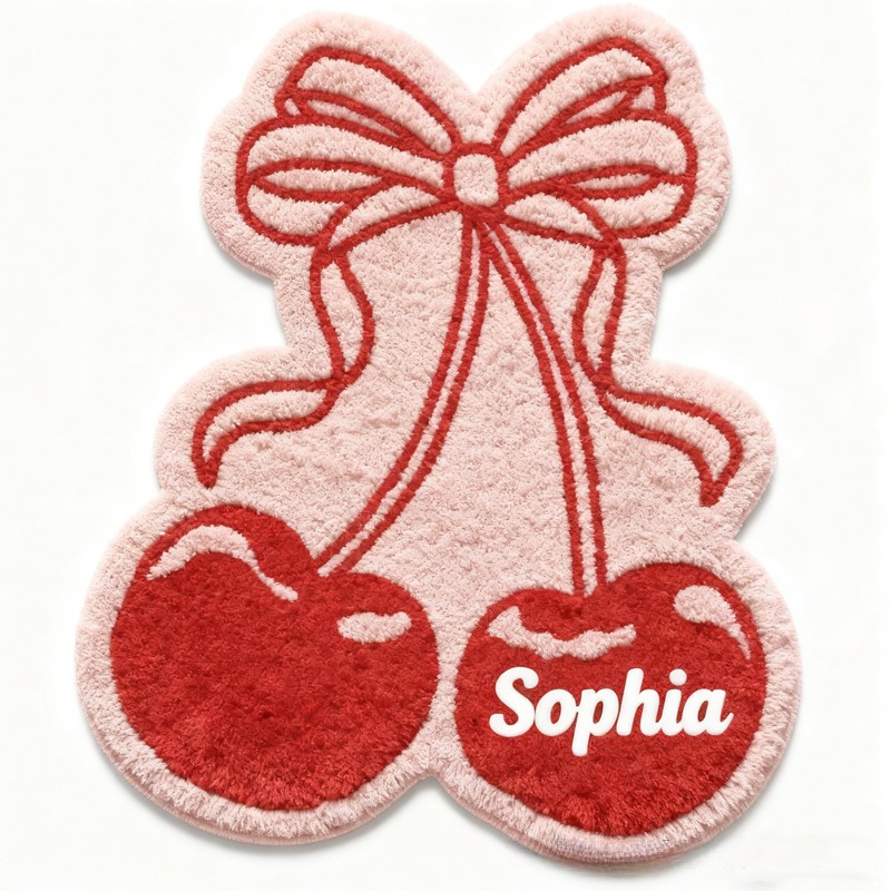 Personalized Cherry Bow Custom Name Soft Decorative Gift Sweet Pink Style Carpet Cozy Bedroom Cute Fruit Heart Lovely Girl Room Warm Welcome Entry Graphic Rug for Kids