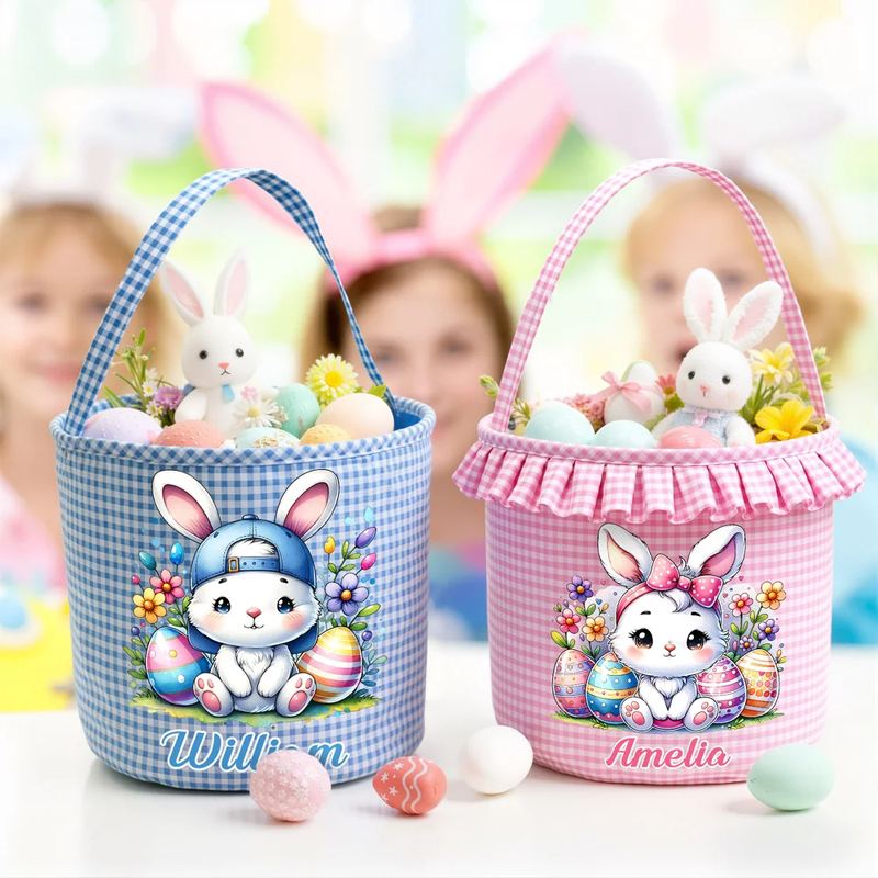 Personalized Cartoon Cute Bunny Chick Reusable Easter Plaid Basket with Name Easter Egg Hunt Easter Party Gift for Kids