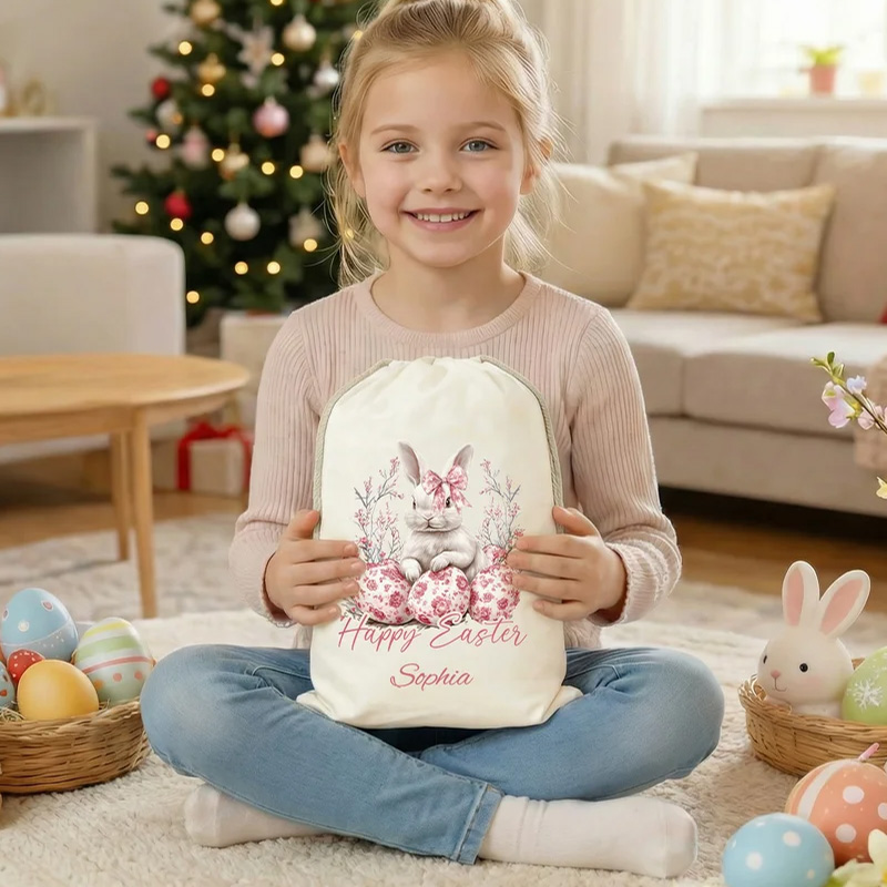 Personalized Floral Easter Bunny Egg Drawstring Canvas Treat Bag with Name Easter Egg Hunt Party Gift for Kids
