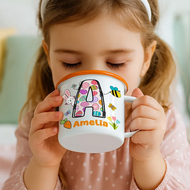 Personalized Cartoon Bunny Easter Eggs Initial 12 oz Enamel Mug with Name Daily Use Happy Easter Gift for Boys Girls