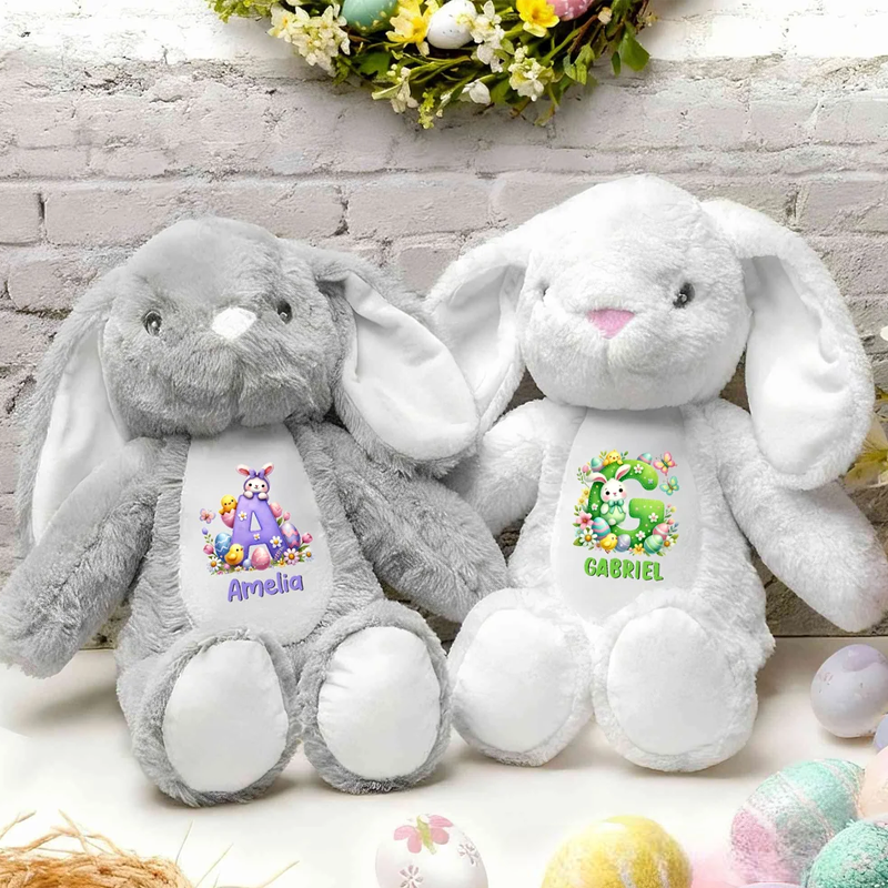 Personalized Easter Egg Cartoon Rabbit Flowers Plush Bunny Stuffed Toy with Initial and Name Easter Gift for Boys Girls