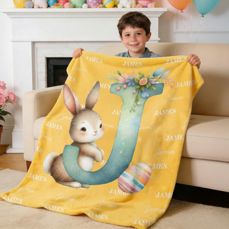 Personalized Cute Easter Bunny Egg Soft Throw Blanket with Name and Initial Home Decor Easter Party Gift for Kids