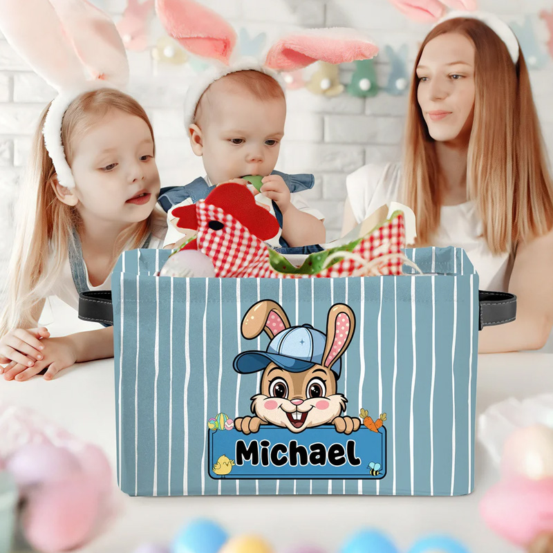 Personalized Cute Easter Bunny Striped Design Name Large Storage Basket with Handle Easter Birthday Gift for Kids