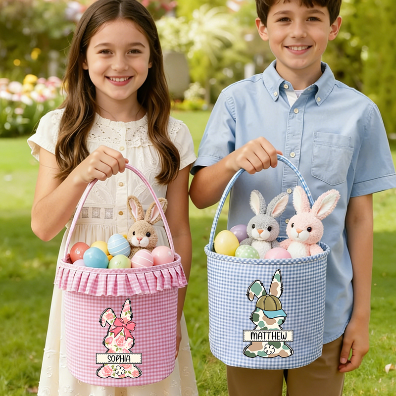Personalized Bunny Plaid Easter Basket with Name Easter Eggs Hunting Easter Day Gift for Boys Girls