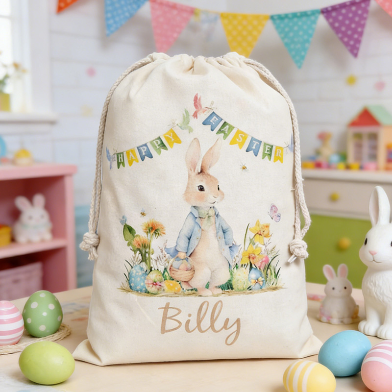 Personalized Easter Bunny Theme Name Kids Gift Bag Custom Canvas Storage Sack for Egg Hunt Spring Party Basket Substitute