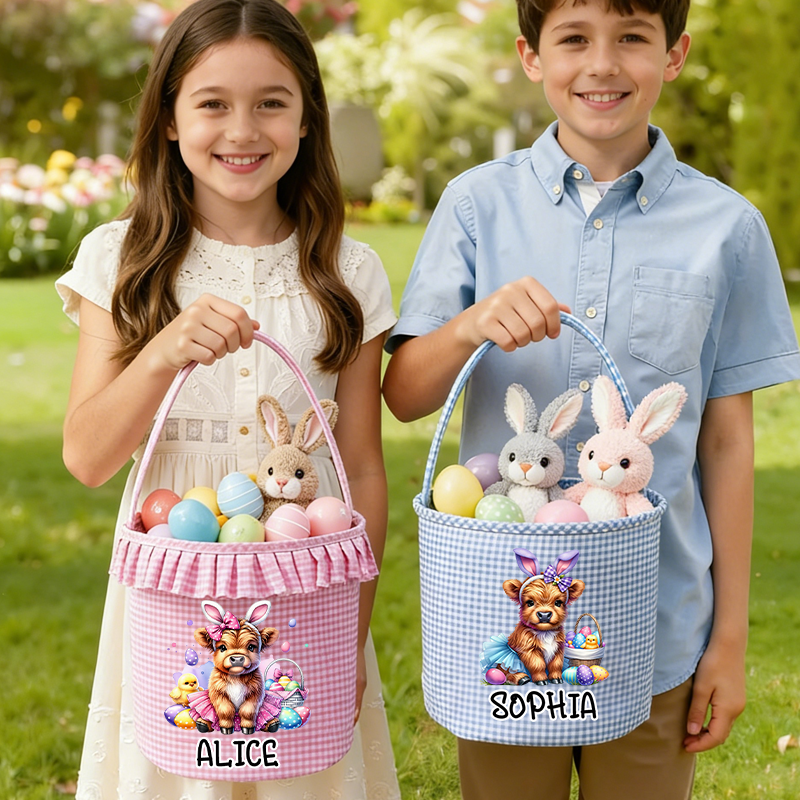 Personalized Cute Easter Highland Cow Plaid Easter Basket with Name Easter Eggs Hunting Easter Day Gift for Boys Girls
