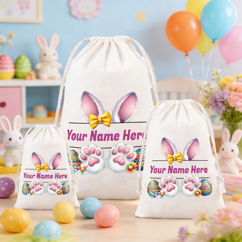 Personalized Easter Bunny Ear Theme Name Custom Gift Bag Kids Candy Storage Sack for Egg Hunt Spring Party Decor
