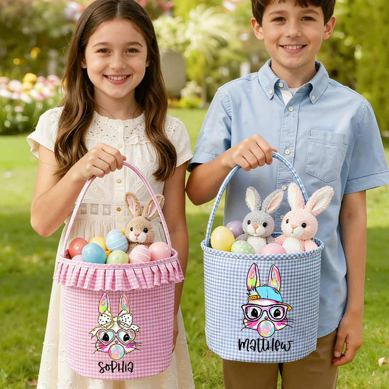 Personalized Cute Coquette Bow Easter Bunny Plaid Easter Basket with Name Easter Eggs Hunting Easter Day Gift for Boys Girls