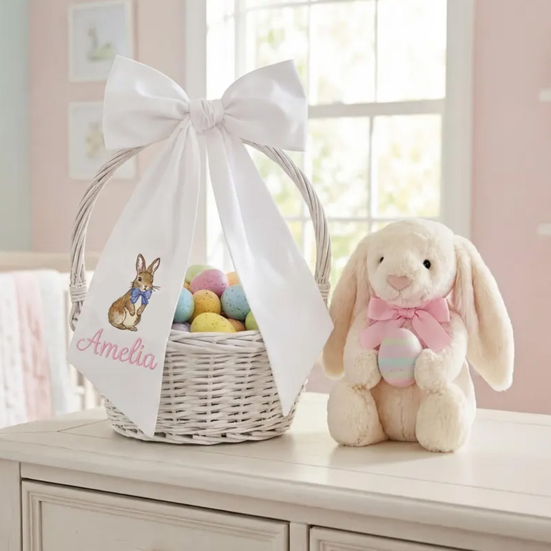 Personalized Cute Bunny Cotton Gingham Easter Basket Sash with Embroidered Name Basket Decor Easter Baptism Gift for Baby
