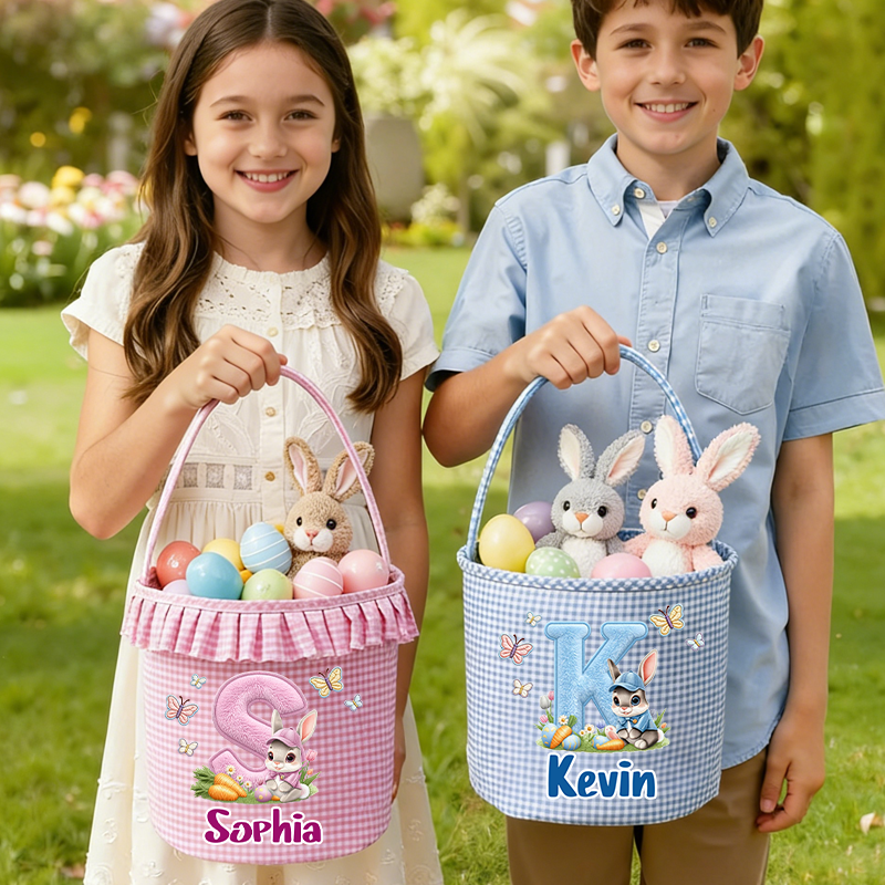 Personalized Butterfly Cute Rabbit Plaid Easter Basket with Name and Initial Easter Eggs Hunting Easter Day Gift for Boys Girls