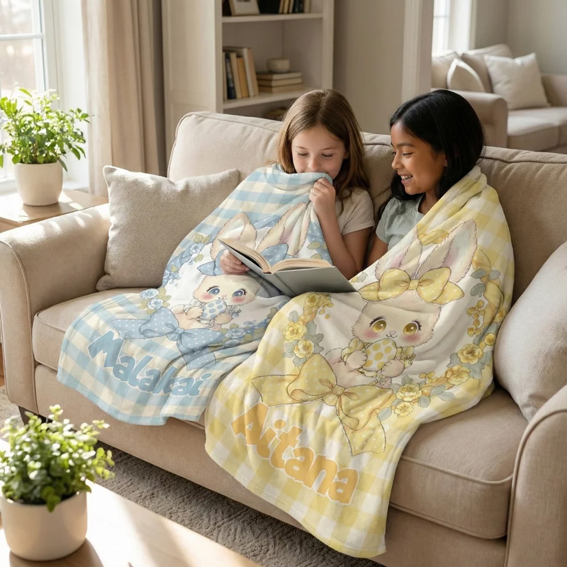 Personalized Multicolor Plaid Cute Polka Dot Bow Bunny Soft Throw Blanket with Name Home Decor Easter Gift for Kids