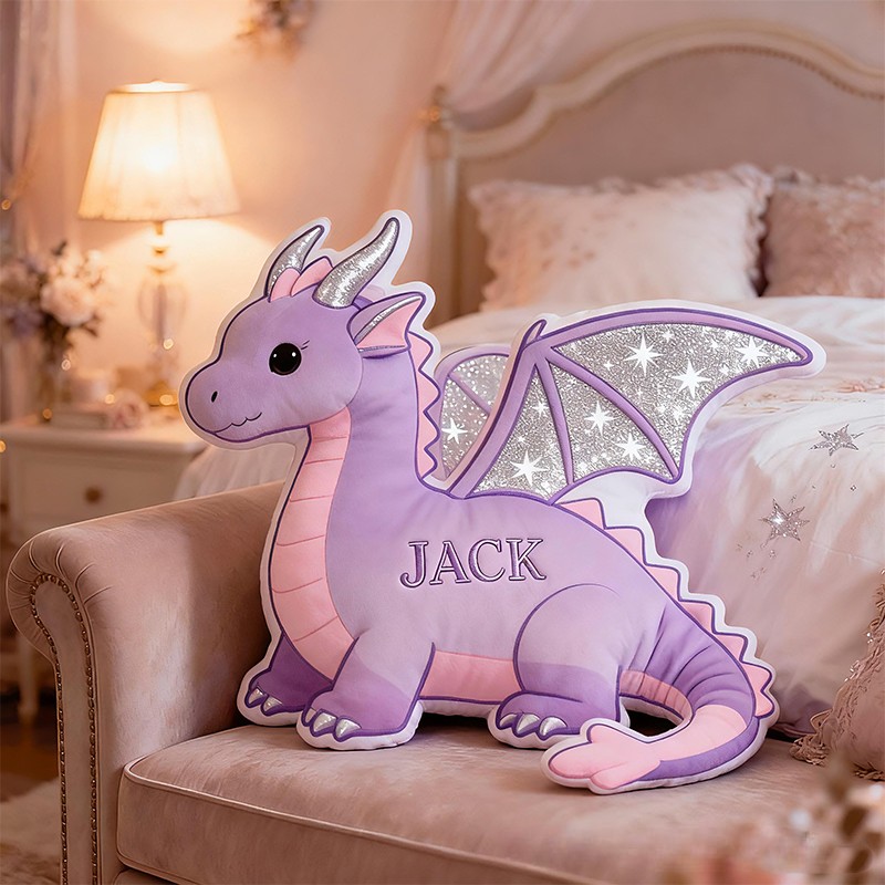 Personalized Purple Dragon Custom Name Soft Decorative Gift Fantasy Creature Style Cozy Kids Room Magical Dream Lovely Sparkle Cute Graphic 3D Print Pillow