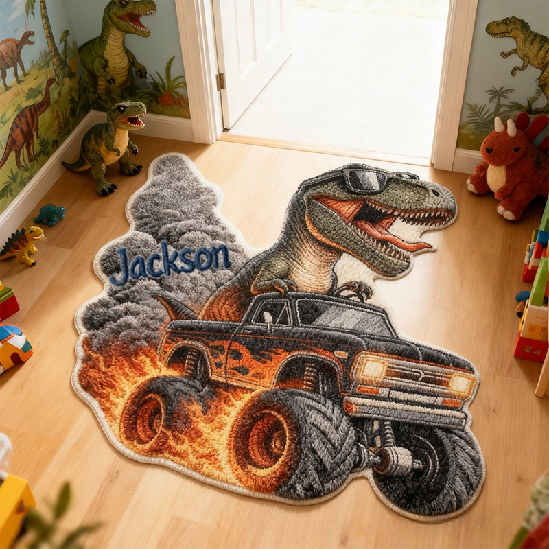 Personalized Dinosaur Monster Truck Custom Name Soft Decorative Gift Adventure Style Fun Playroom Cool Boys Room Fire Power Racing Carpet Rug for Kids