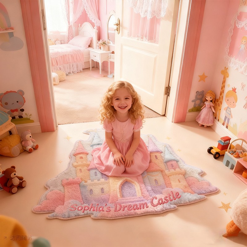 Personalized Dream Castle Shape Custom Name Soft Decorative Gift Fairytale Princess Style Cozy Nursery Soft Room Rainbow Magic Fantasy Carpet Rug for Kids