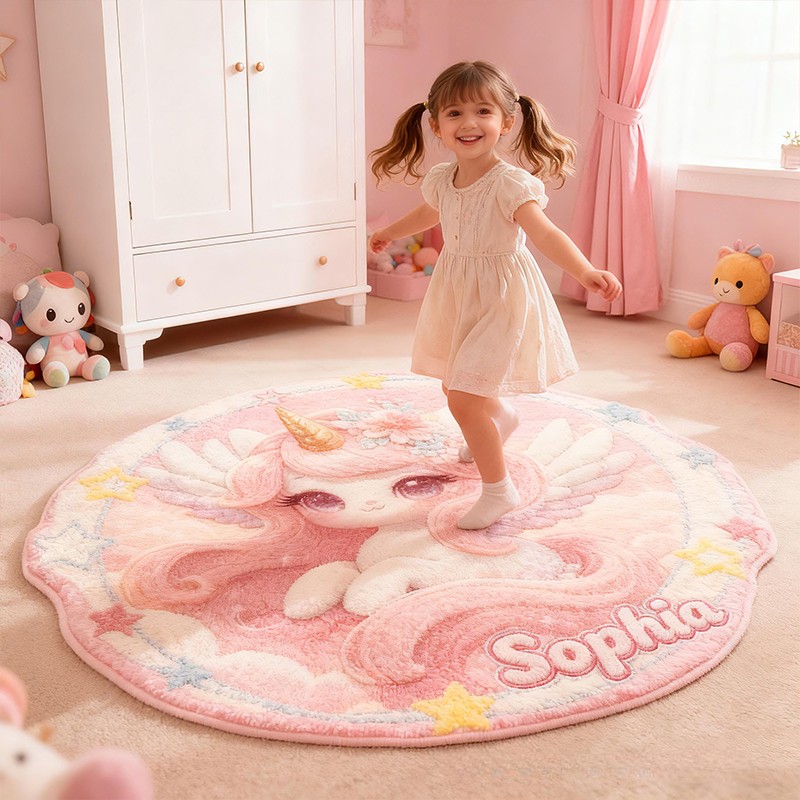 Personalized Pink Pegasus Custom Name Soft Decorative Gift Magical Princess Style Cozy Nursery Room Dream Star Fairy Tale Carpet Rug for Kids