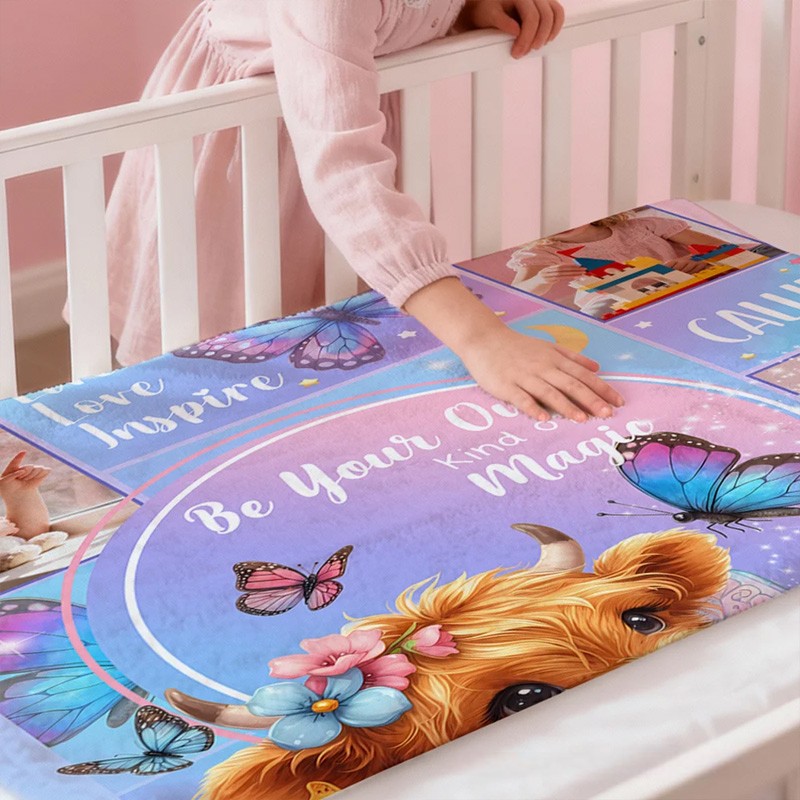Personalized Floral Highland Cow Butterfly Soft Throw Blanket with Name and Photos Home Decor Baby Shower Birthday Gift for Girls