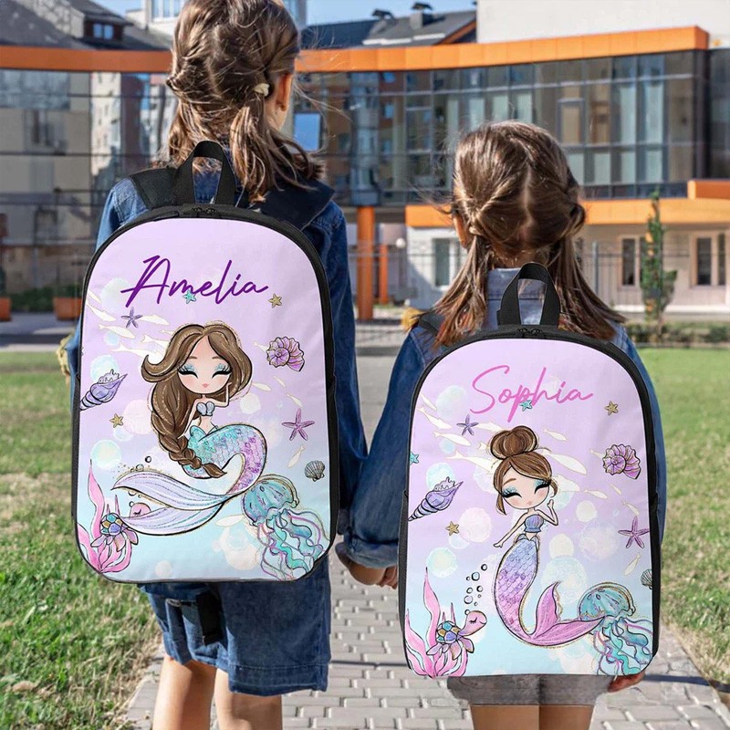 Personalized Cartoon Mermaid Backpack Luch Bag Pencil Case Set with Name Back to School Birthday Gift for Girls