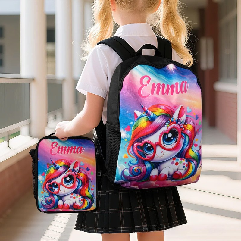 Personalized Cartoon Dinosaur Fantasy Dream Horse Backpack Lunch Bag Pencil Case Set with Name Back to School Birthday Gift for Boys Girls