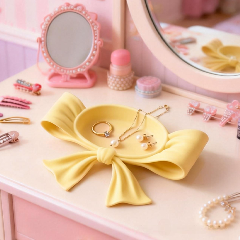 3D Printed Coquette Bow Jewelry Tray Vanity Decor Lipstick and Cosmetic Holder Stylish Desktop Storage