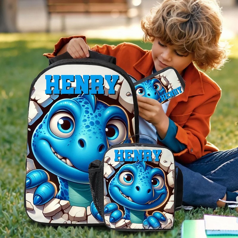 Personalized Cute 3D Cartoon Dinosaur Backpack Lunch Bag Pencil Case Set with Name Back to School Birthday Gift for Boys Girls