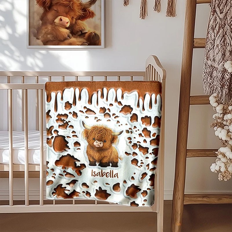 Personalized Highland Cow Blanket with Custom Name and Cute Farm Animal Design Perfect for Cozy Comfort Blanket Kids Family Gift