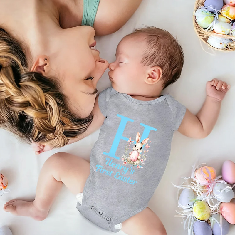 Personalized Easter Bunny Initial 100% Cotton Baby Bodysuit with Name Easter Party Gift for Kids Boys Girls