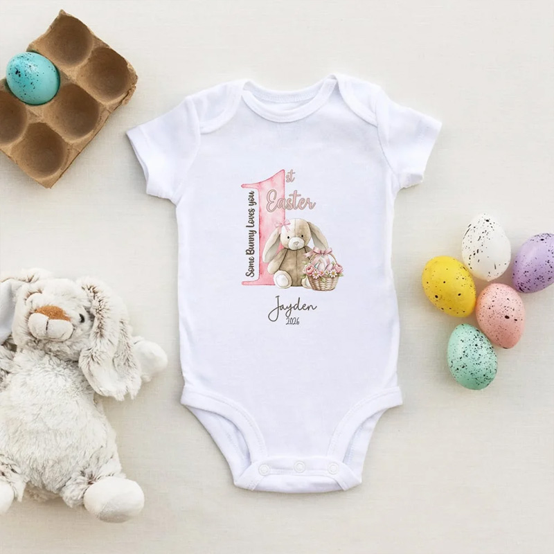 Personalized Some Bunny Loves You 1st Easter Soft Baby Bodysuit Receiving Blanket Swaddle Hat Set with Name Birthday Baby Shower Gift for Newborns