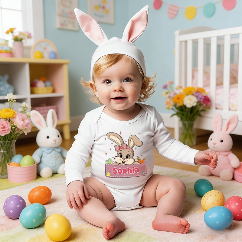 Personalized Bow Hat Easter Bunny 100% Cotton Baby Bodysuit Kid T-shirt with Name Easter Party Birthday Gift for Kids Boys Girls